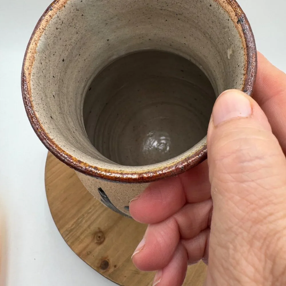 Vintage Tonala Bird Flower Vase Pottery Hand Painted Signed neutral color palett